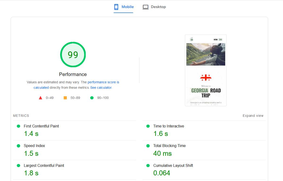 Portfolio example of a fast loading WordPress site