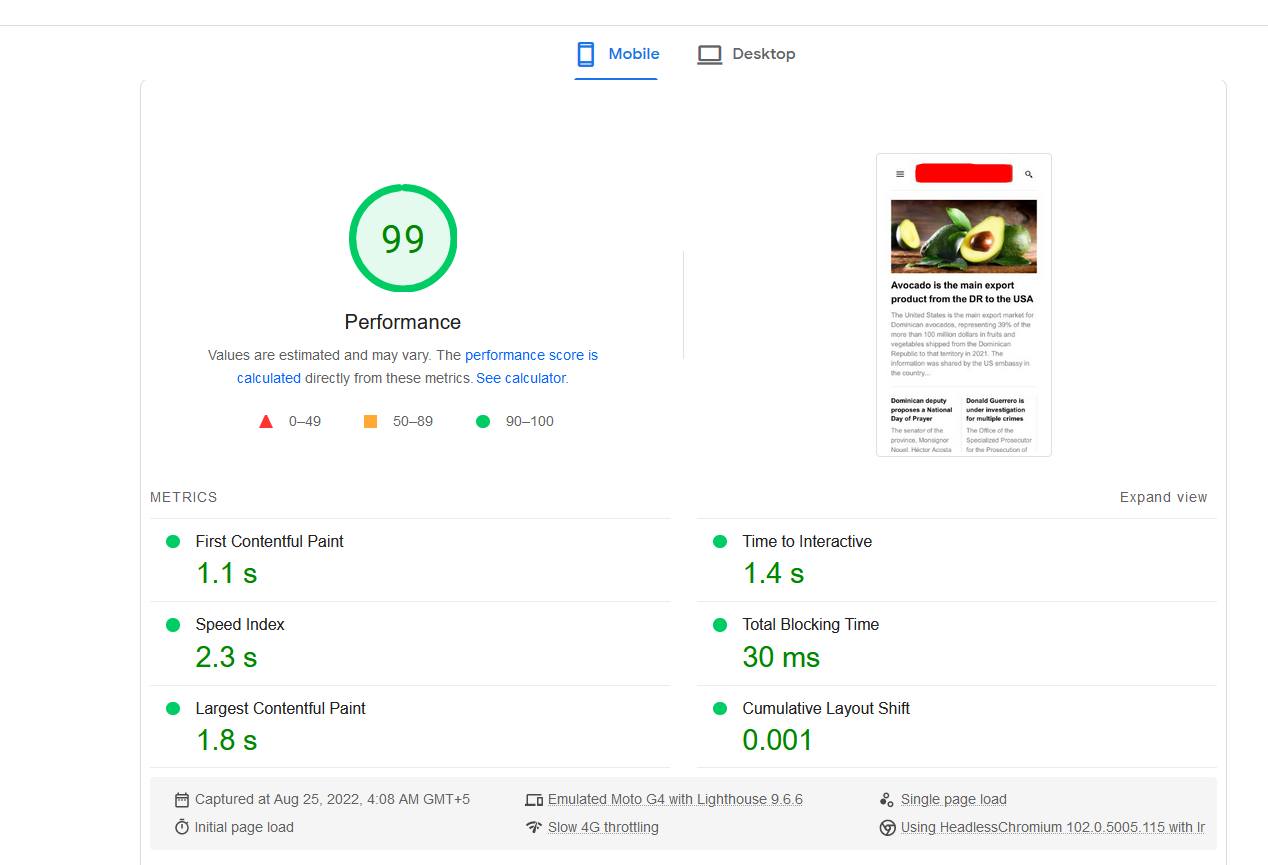 Client website with perfect Core Web Vitals after optimization