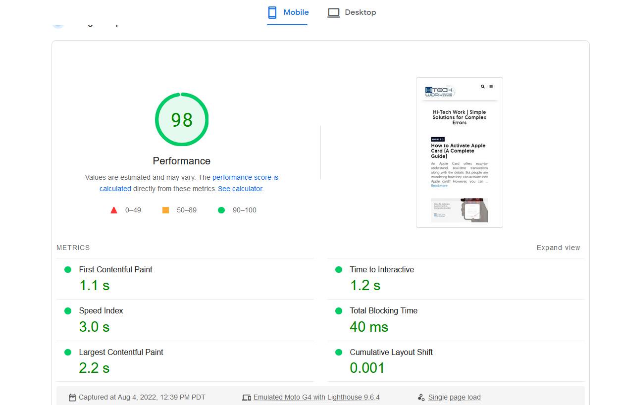 Portfolio example of a 100 PageSpeed score