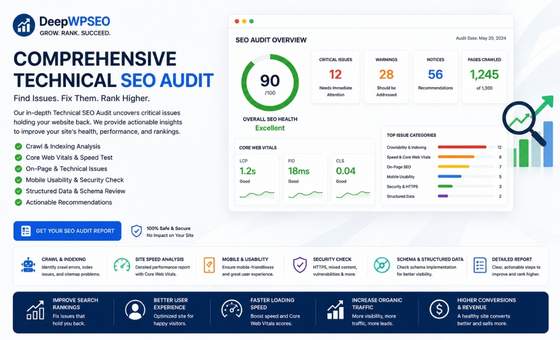 Comprehensive SEO audit dashboard showing technical analysis, website health diagnostics, indexing reports, ranking opportunities and organic growth recommendations